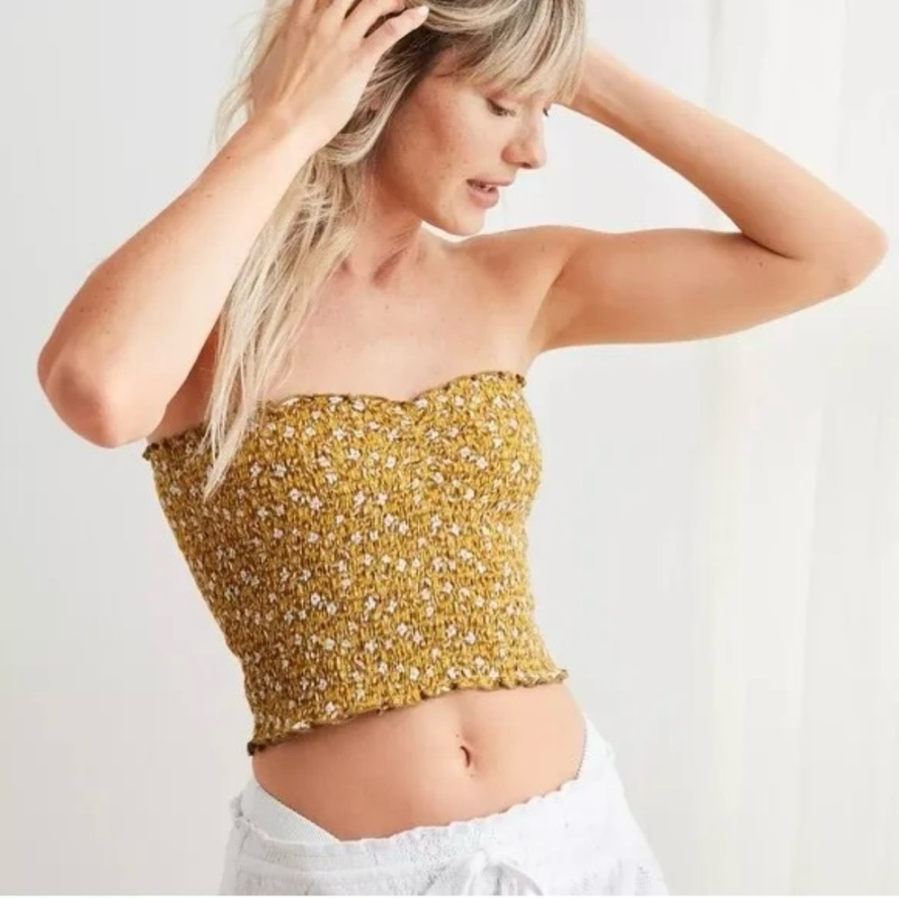 Aerie Smocked Strapless Tube Top, Heirloom Gold Mustard, Medium